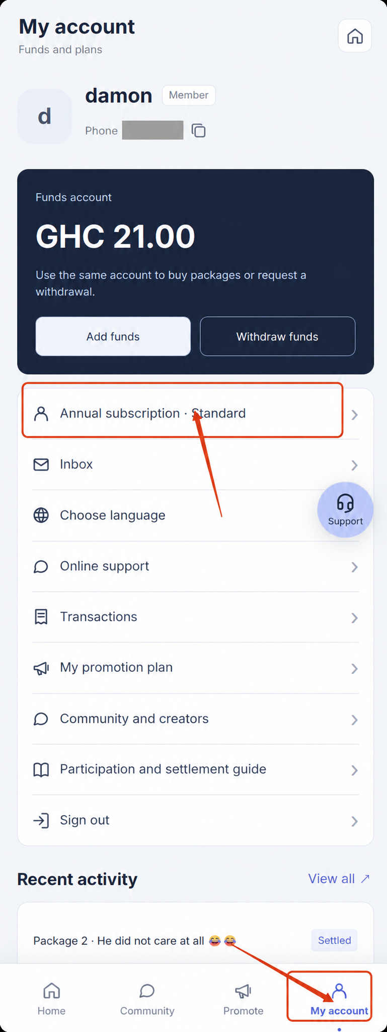Annual subscription entry on My account
