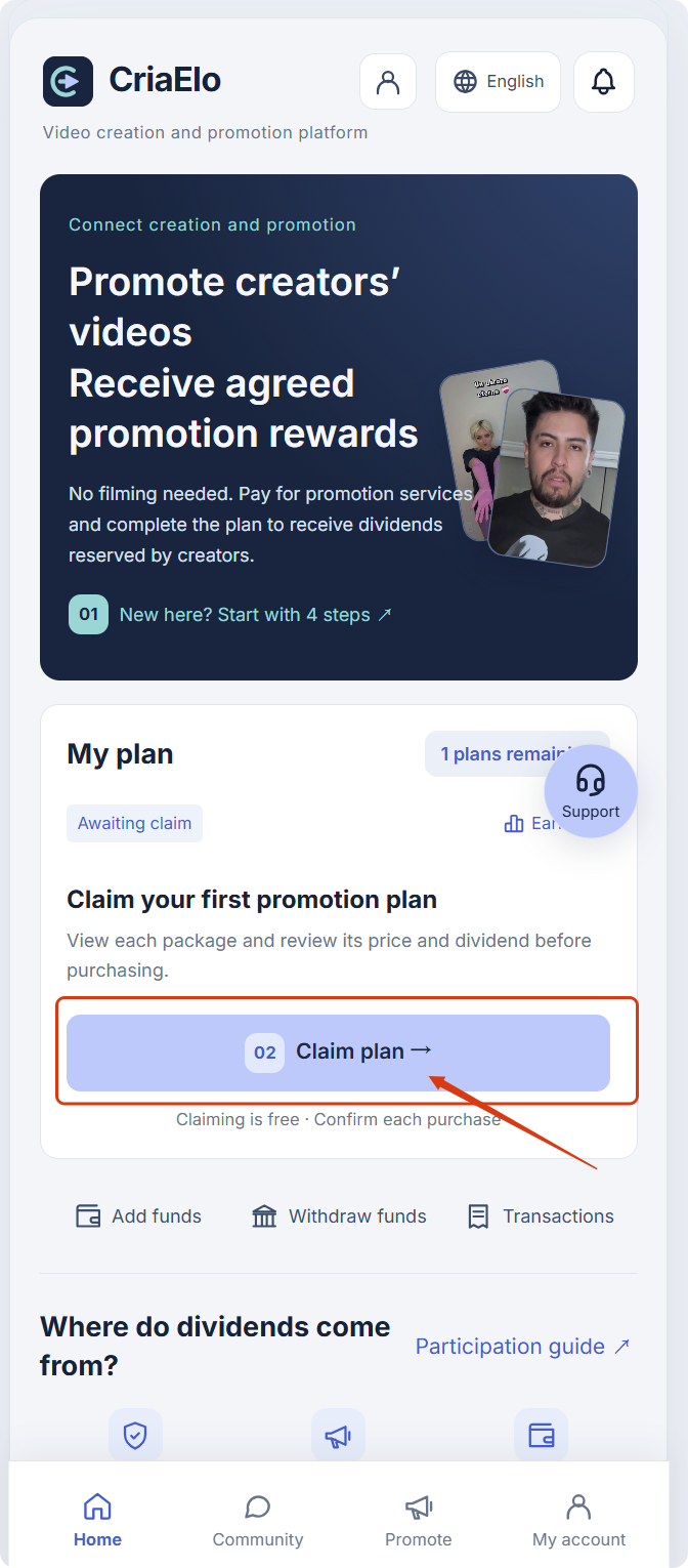 Claim plan entry on the Home screen